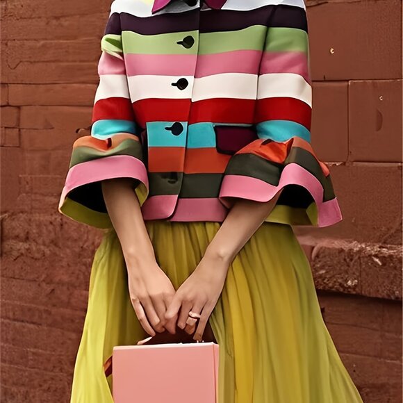 Dresses & Skirts - Rainbow Stripe Jacket Lapel Collar Three-quarter Sleeves with Ruffle